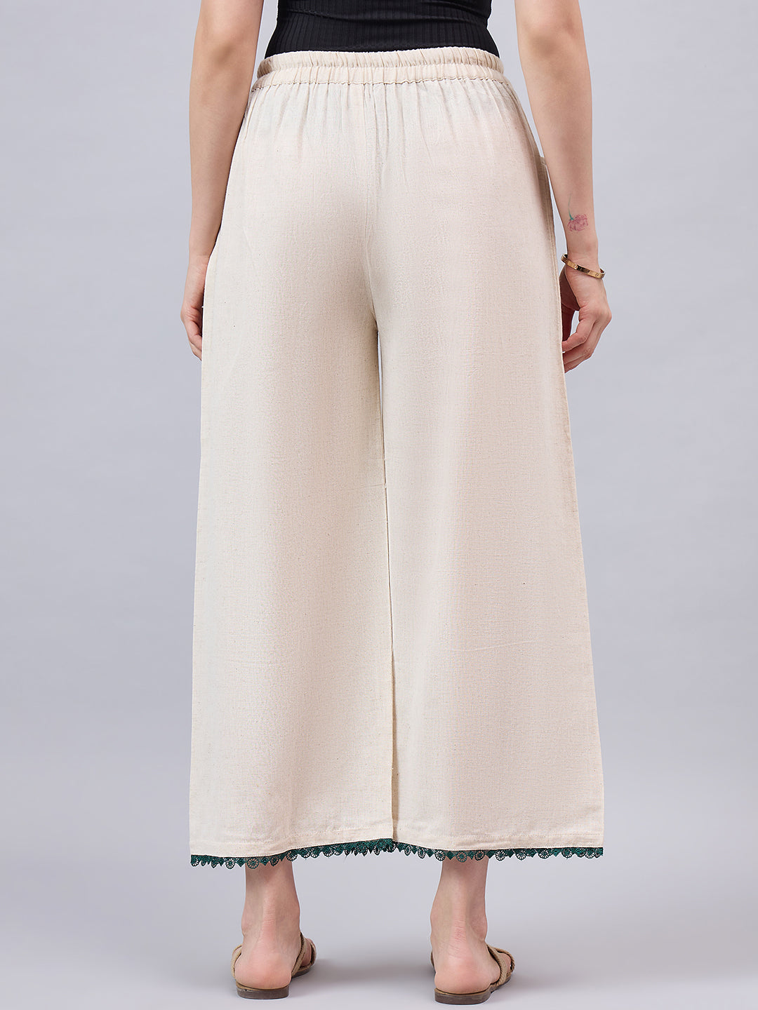 Cotton Palazzo With Dark Green Lace Detailing