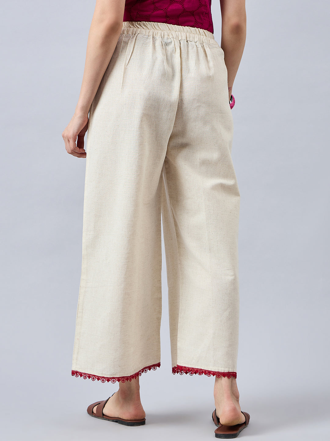 Cotton Palazzo With Maroon Lace Detailing