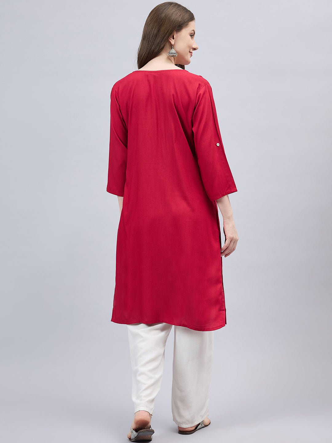 Red Round Neck Straight Fit Rayon Kurti