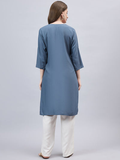 Dark Grey Round Neck Straight Fit Rayon Kurti