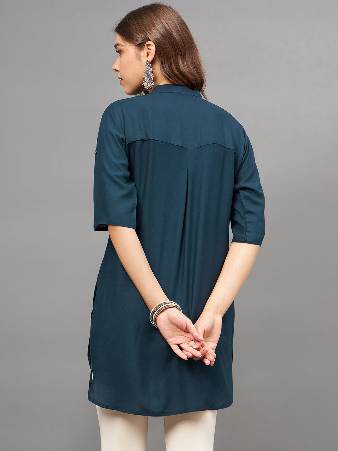 Bottle Green Solid Coloured Short Kurti - 32" Length