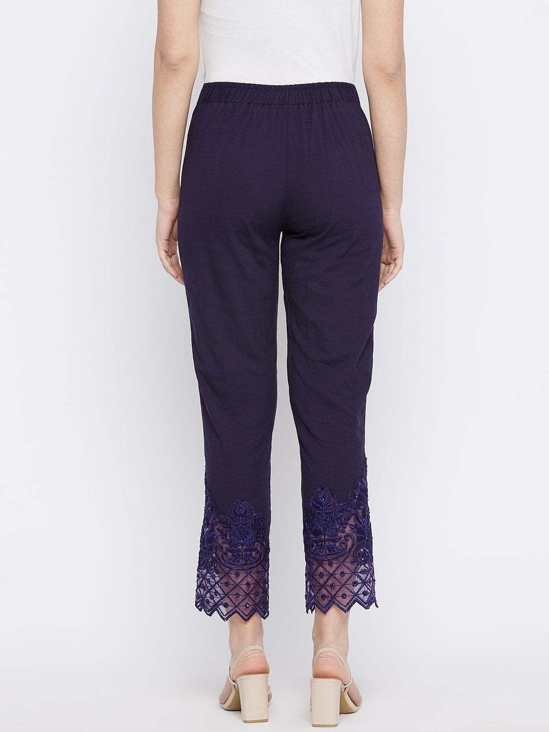 Navy Blue Embroidery Lace Cotton Lycra Pants
