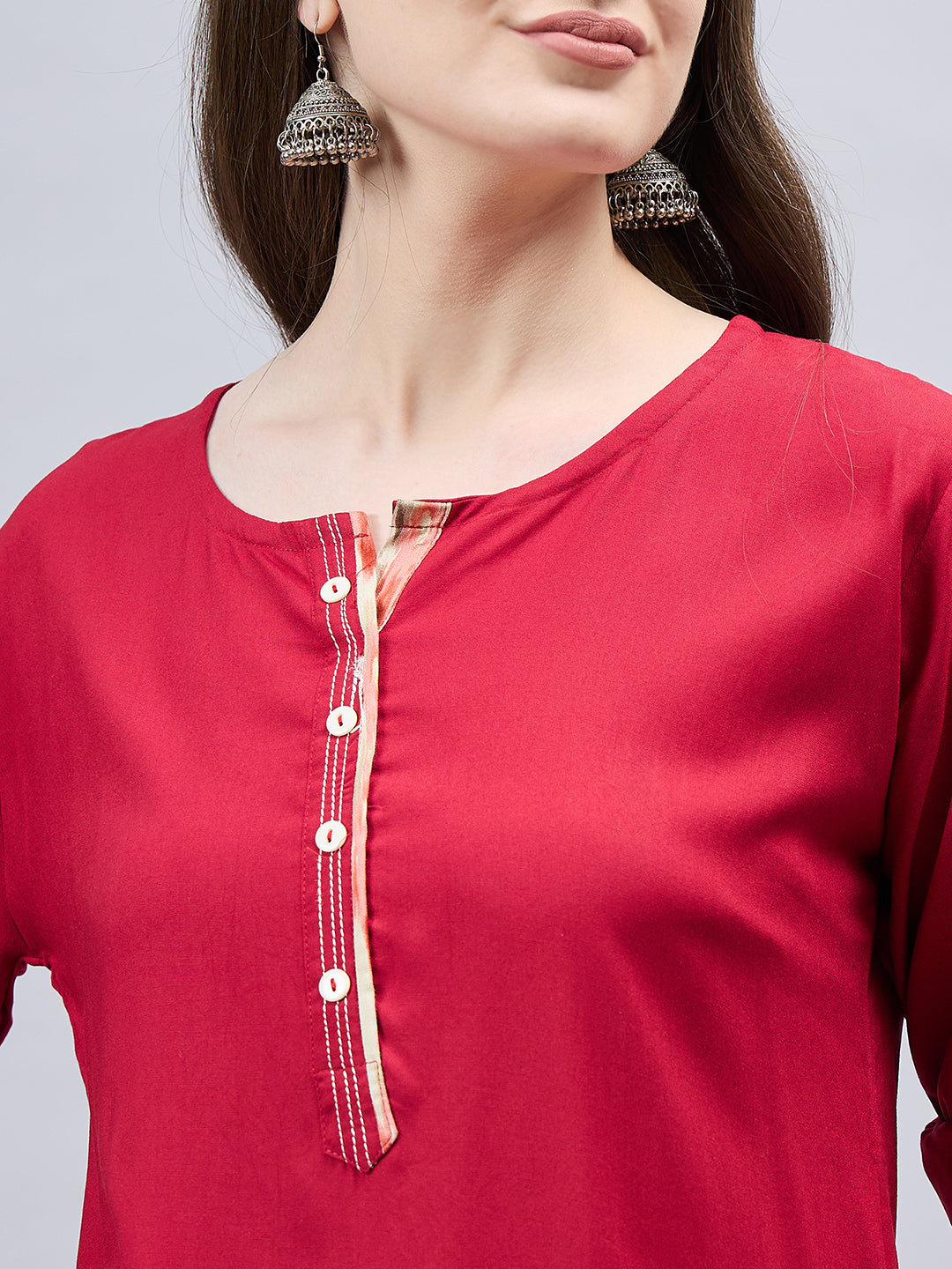 Red Round Neck Straight Fit Rayon Kurti