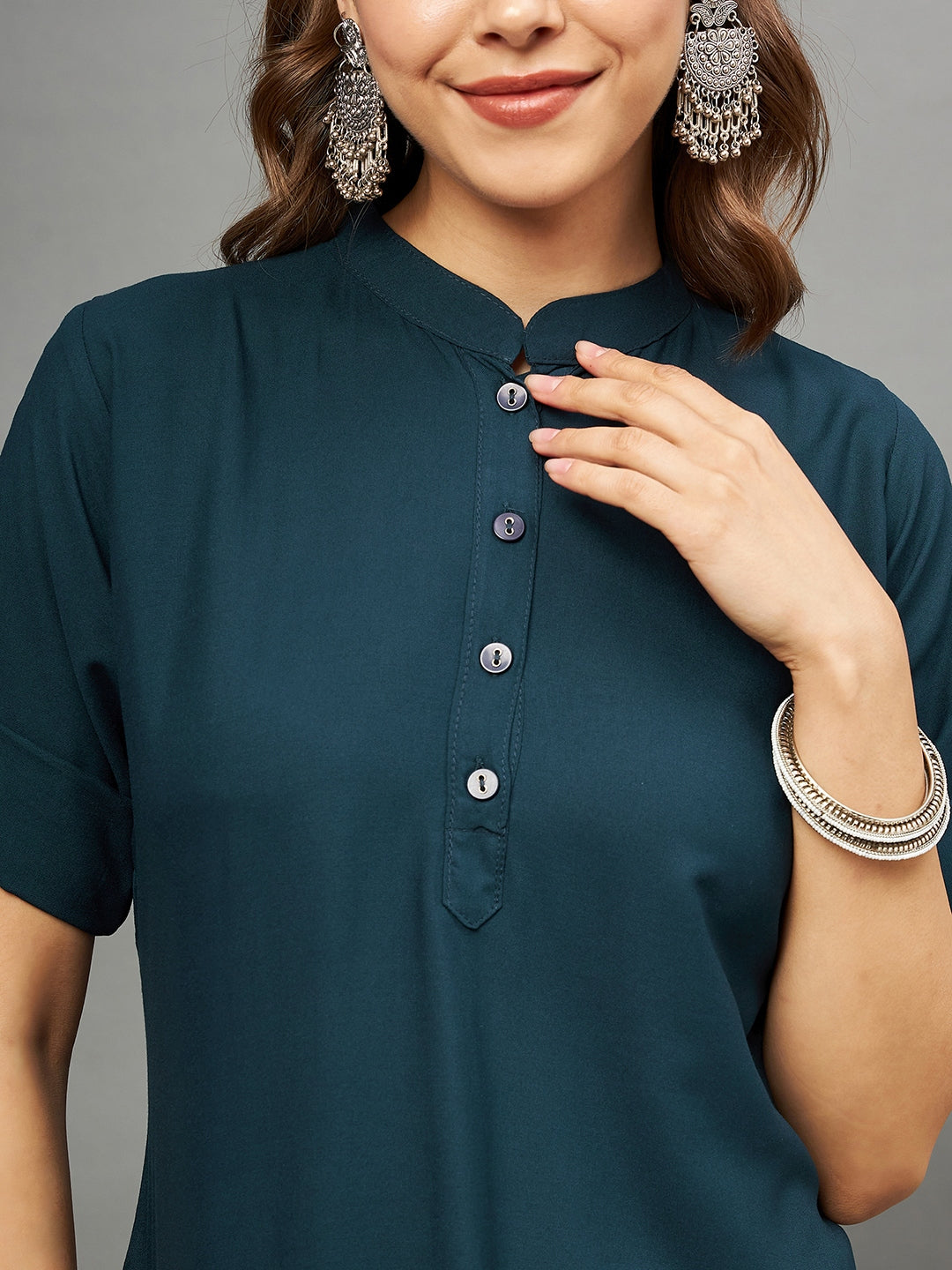 Bottle Green Solid Coloured Short Kurti - 32" Length