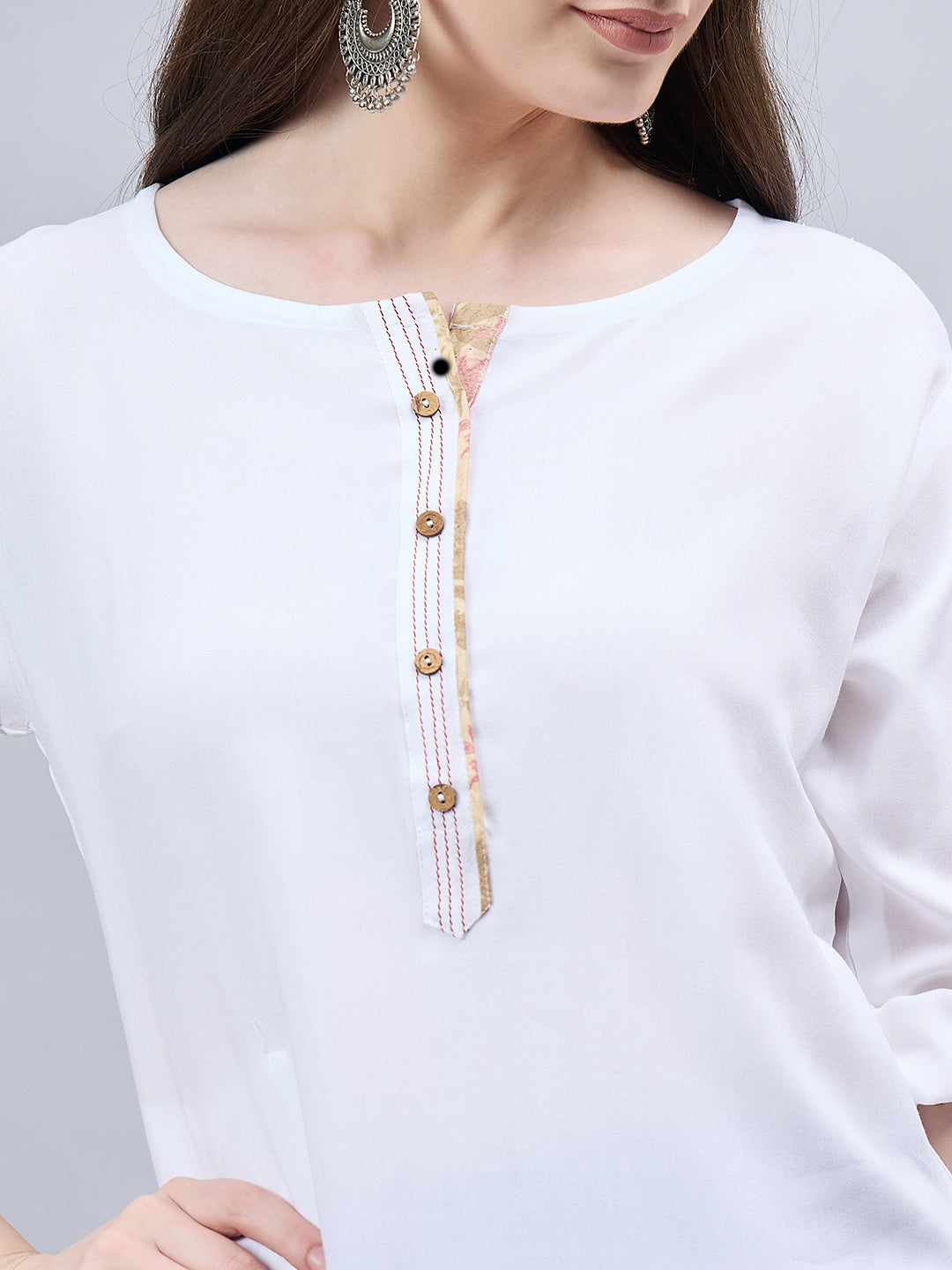 White Round Neck Straight Fit Rayon Kurti