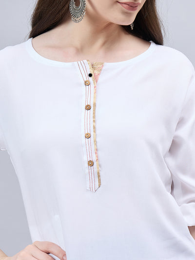 White Round Neck Straight Fit Rayon Kurti
