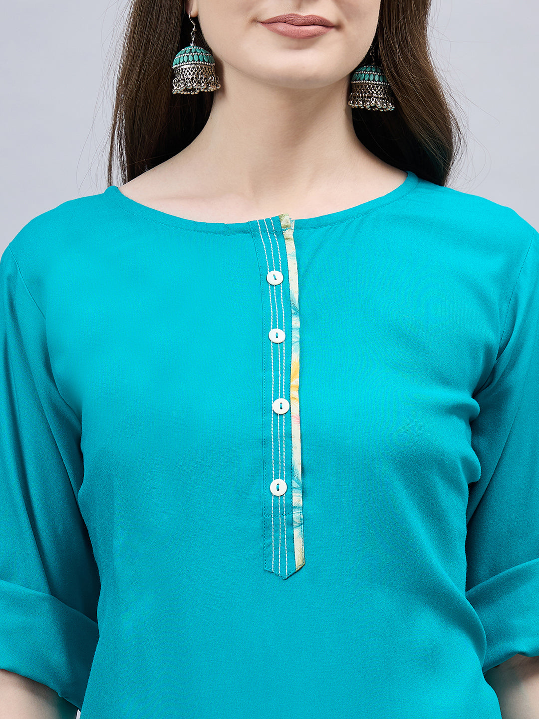 Turquoise Round Neck Straight Fit Rayon Kurti M