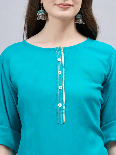 Turquoise Round Neck Straight Fit Rayon Kurti M