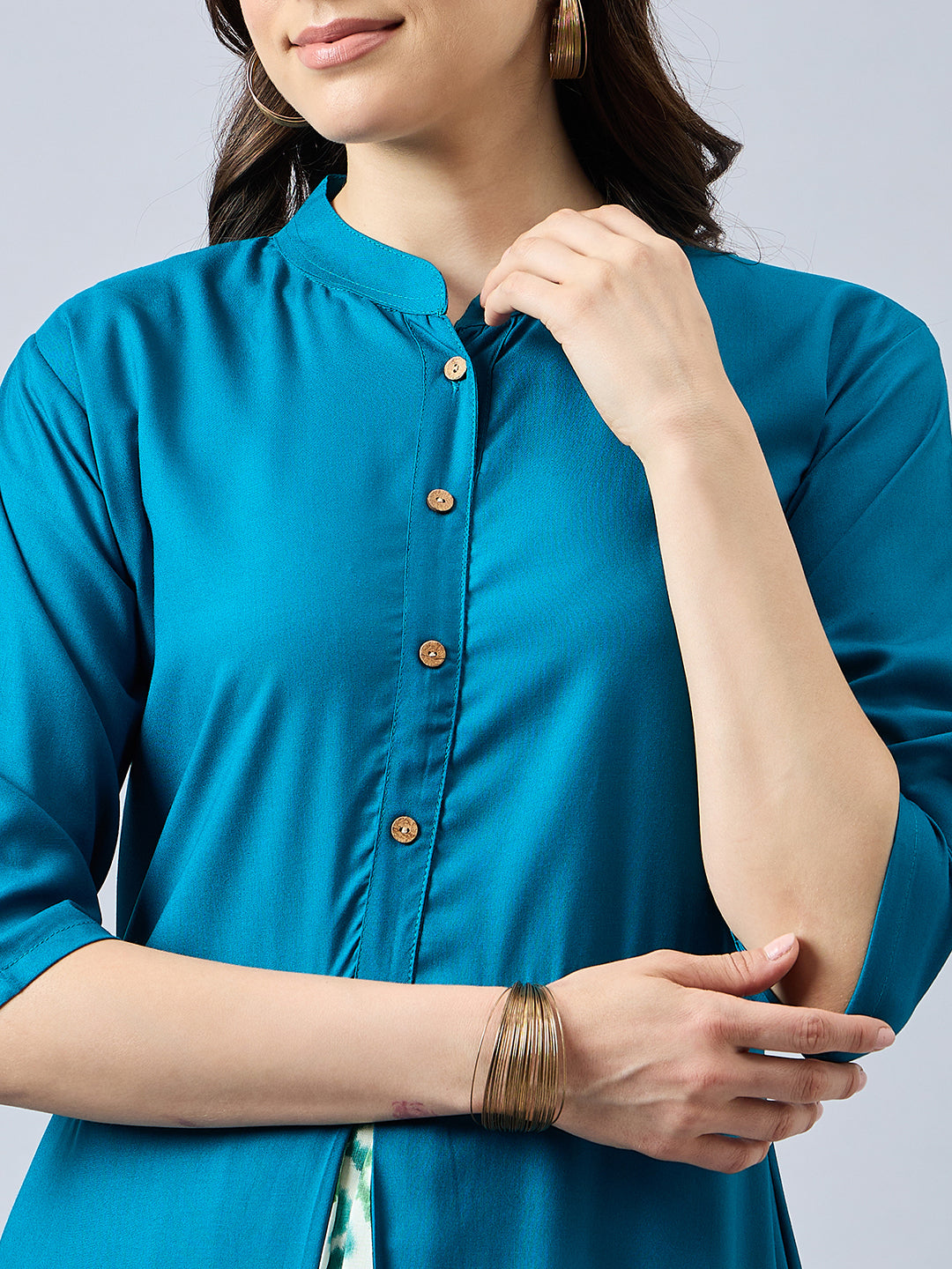 Women Mandarin Collar Anarkali Panelled Rayon Kurta