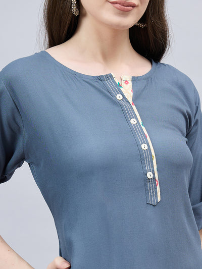 Dark Grey Round Neck Straight Fit Rayon Kurti M