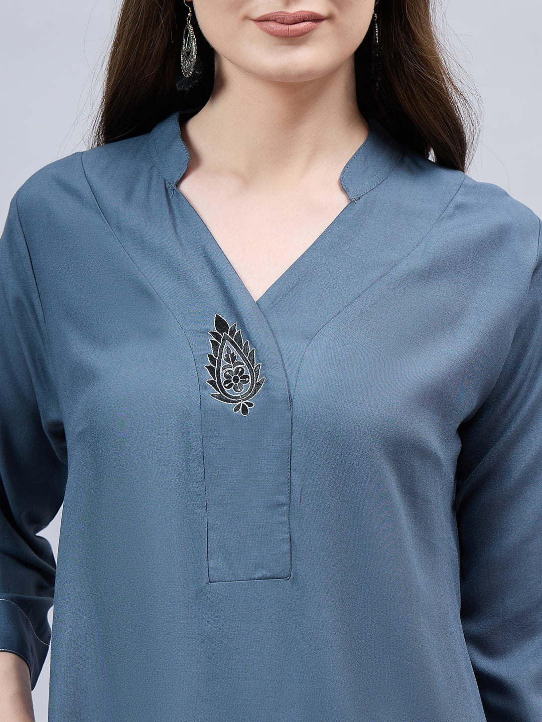 Dark Grey V-Neck Straight Fit Rayon Kurti M