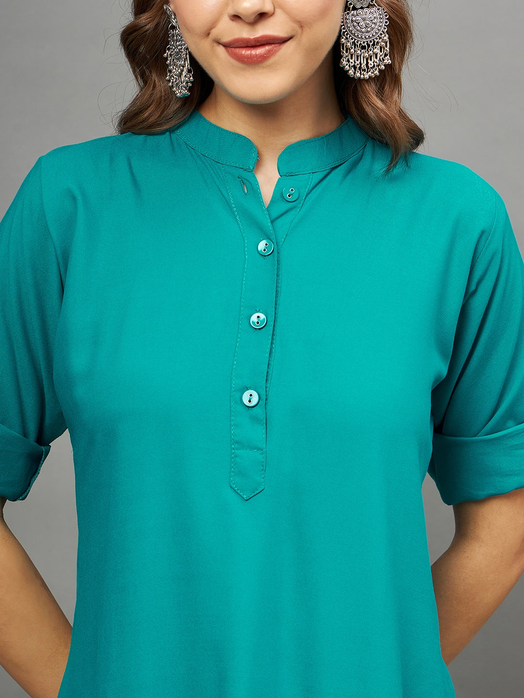 Rama Green Solid Coloured Short Kurti - 32" Length