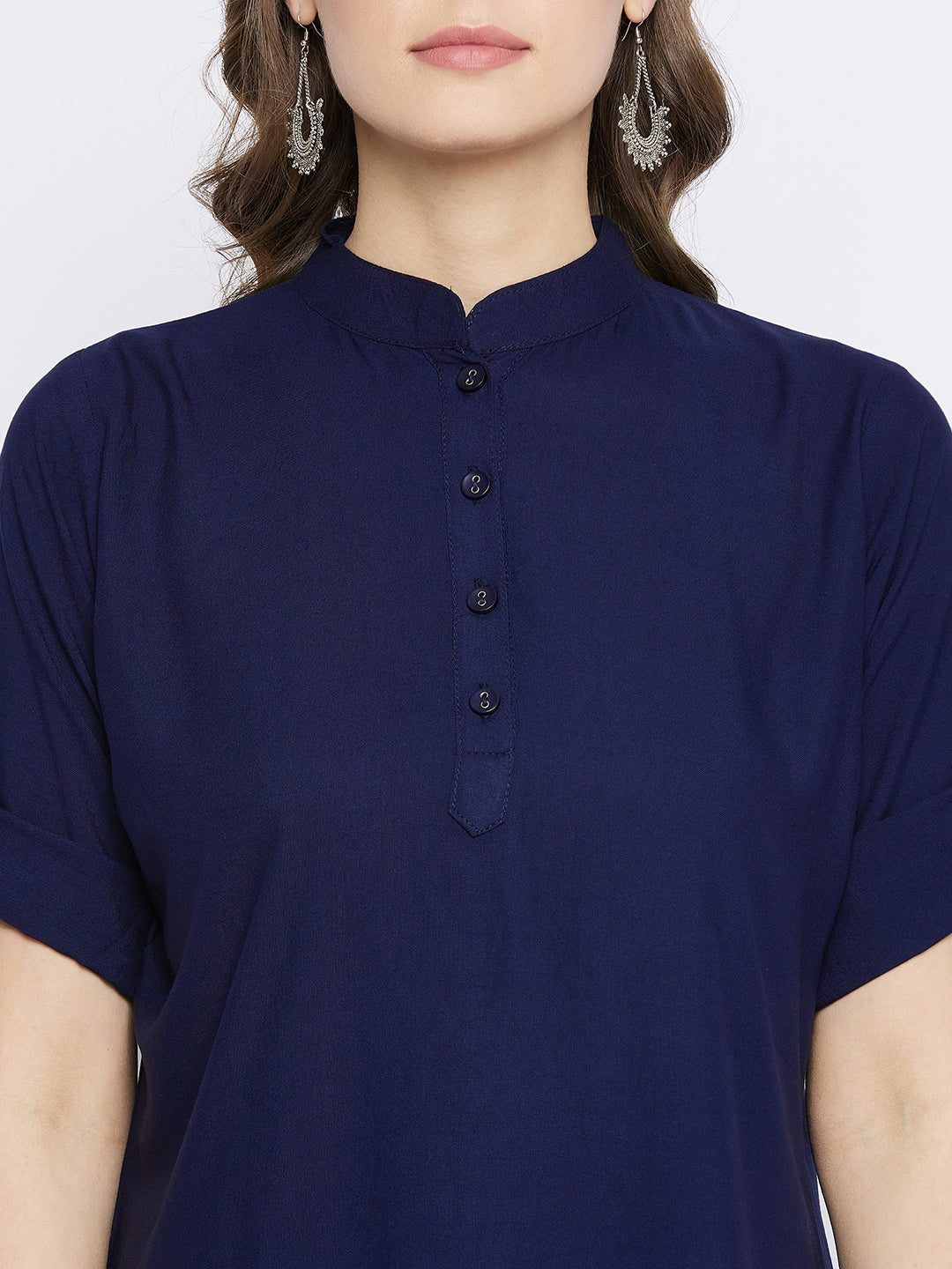 Navy Blue Solid Coloured Short Kurti - 32" Length