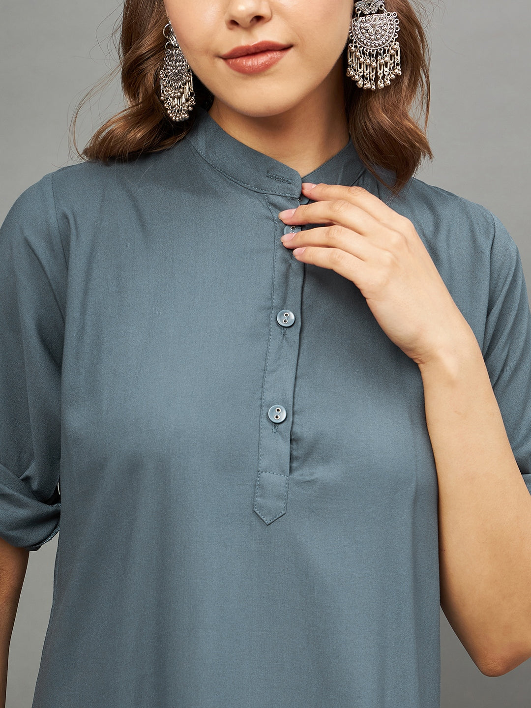 Dark Grey Solid Coloured Short Kurti - 32" Length