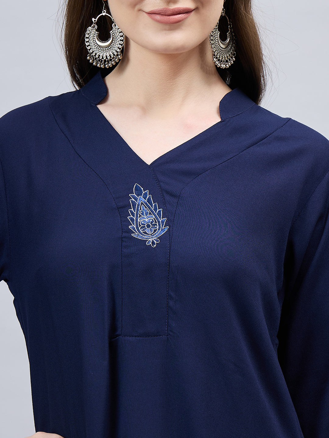 Navy Blue V-Neck Straight Fit Rayon Kurti