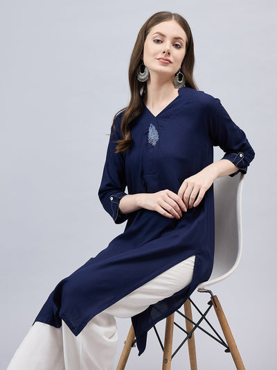 Navy Blue V-Neck Straight Fit Rayon Kurti L