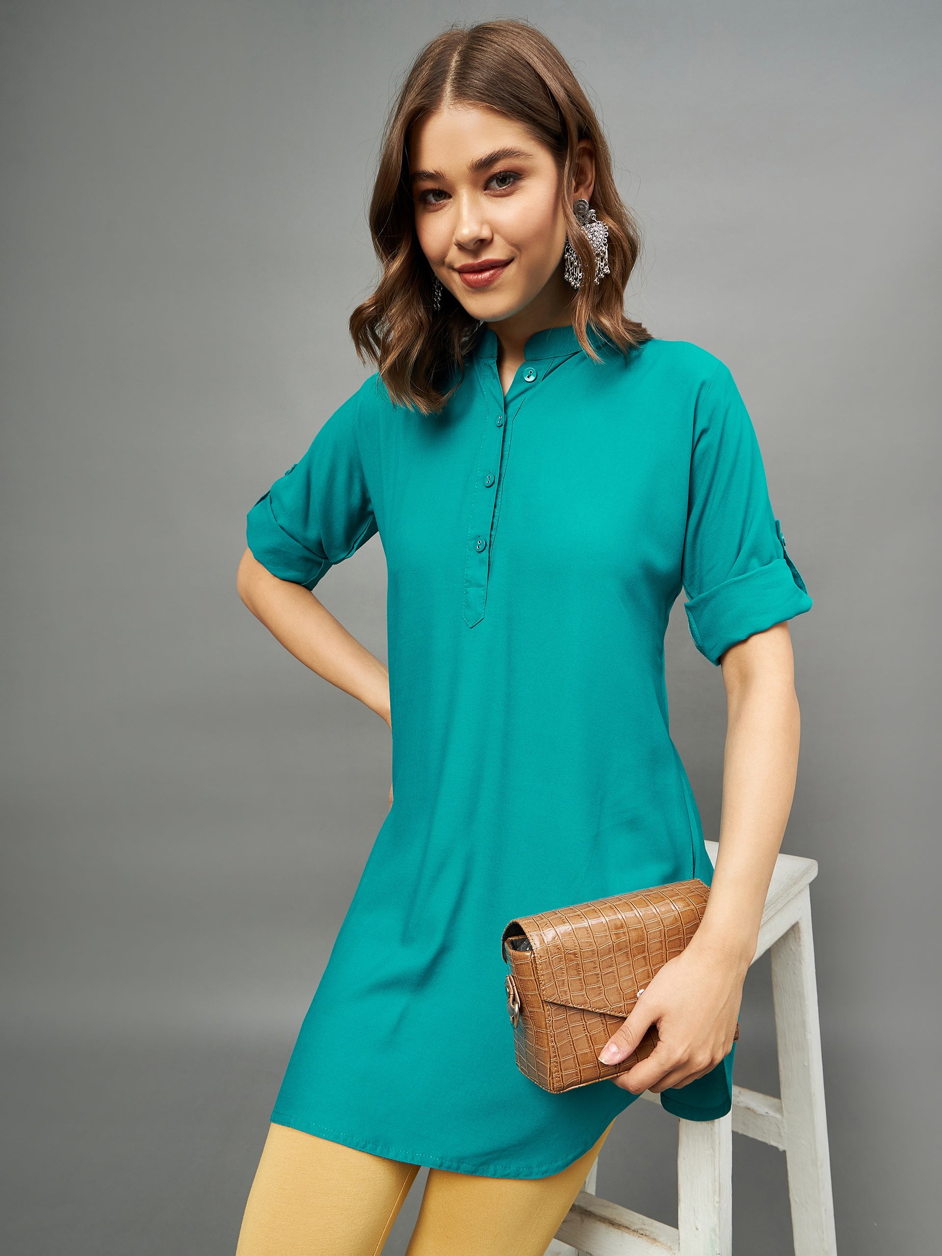 Rama Green Solid Coloured Short Kurti - 32" Length