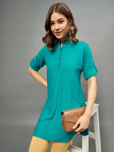 Bottle Green Solid Coloured Short Kurti - 32" Length