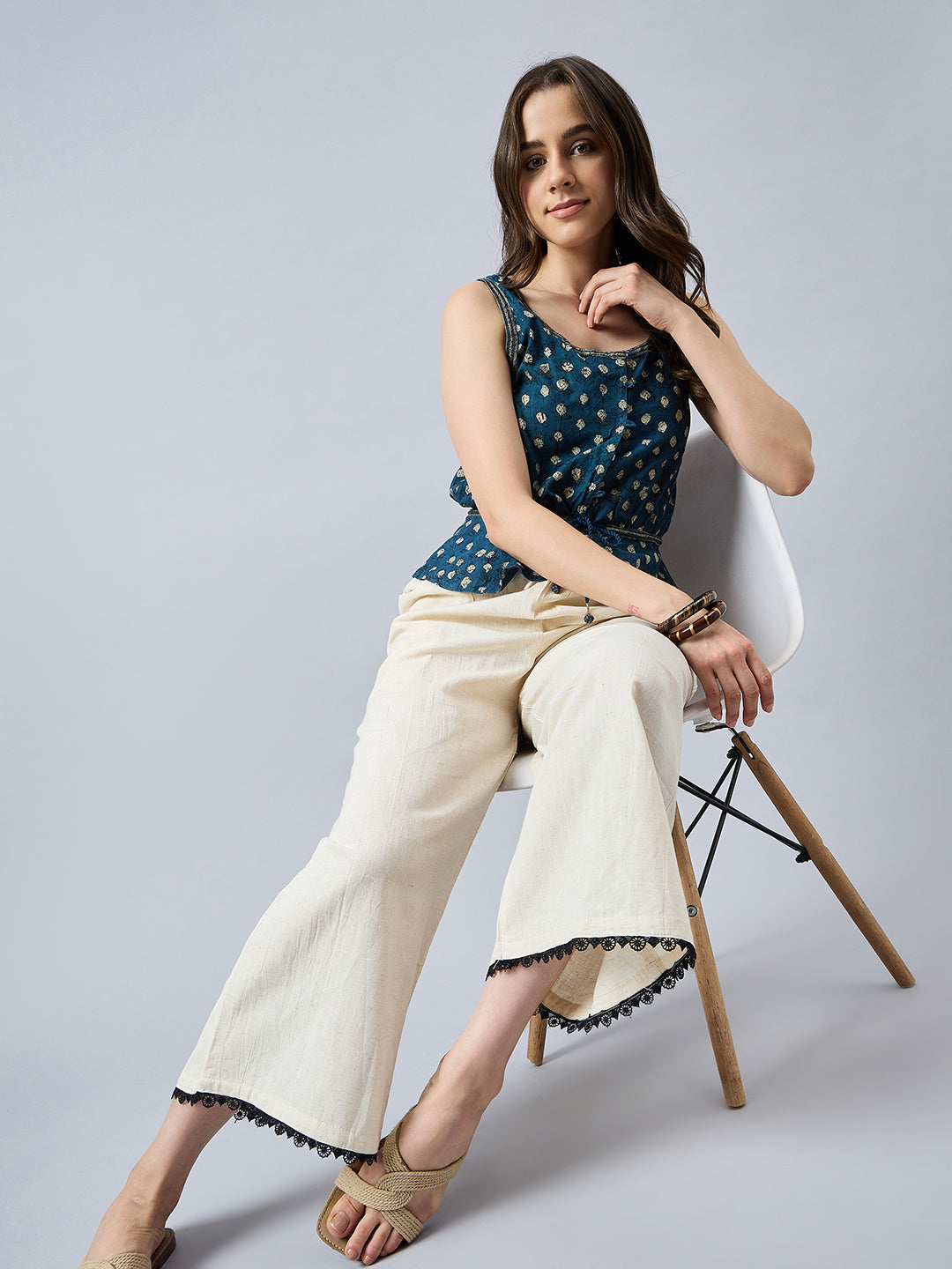 Cotton Palazzo With Black Lace Detailing