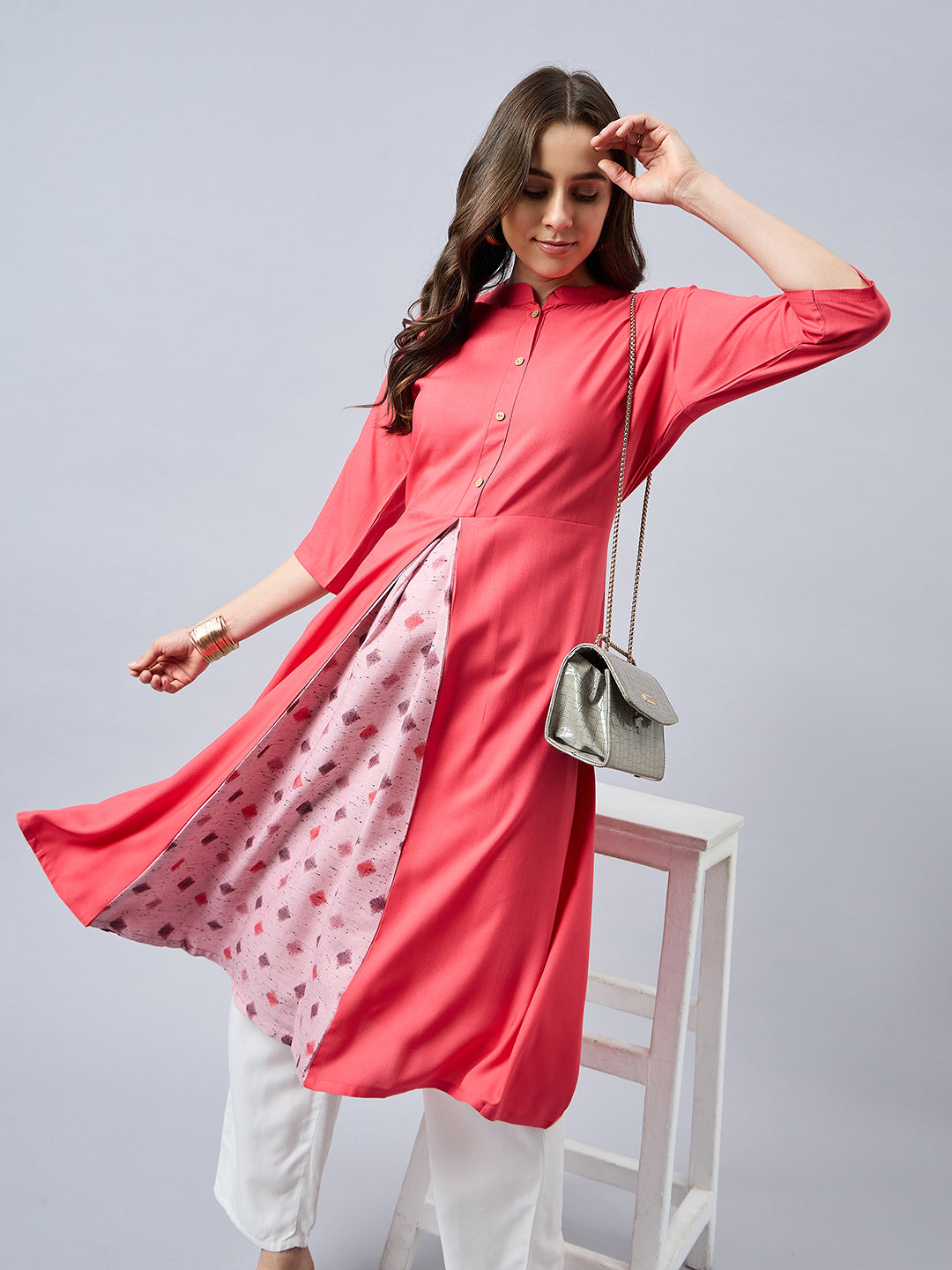 Women Mandarin Collar Anarkali Panelled Rayon Kurta