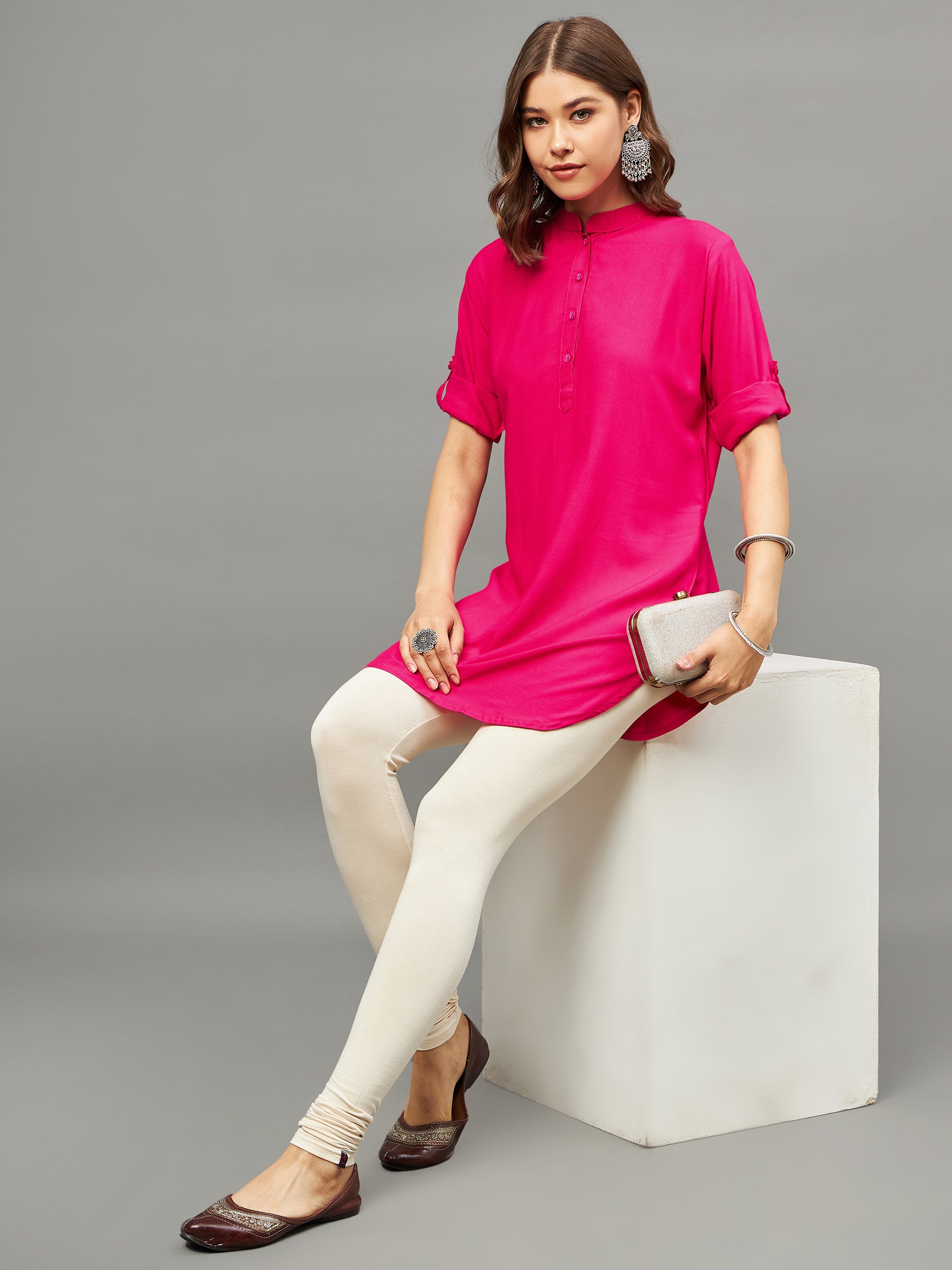 Bottle Green Solid Coloured Short Kurti - 32" Length