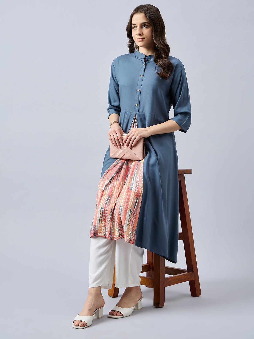 Women Mandarin Collar Anarkali Panelled Rayon Kurta