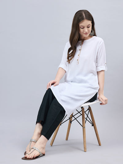 White Round Neck Straight Fit Rayon Kurti