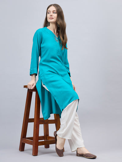 Turquoise V-Neck Straight Fit Rayon Kurti 2XL