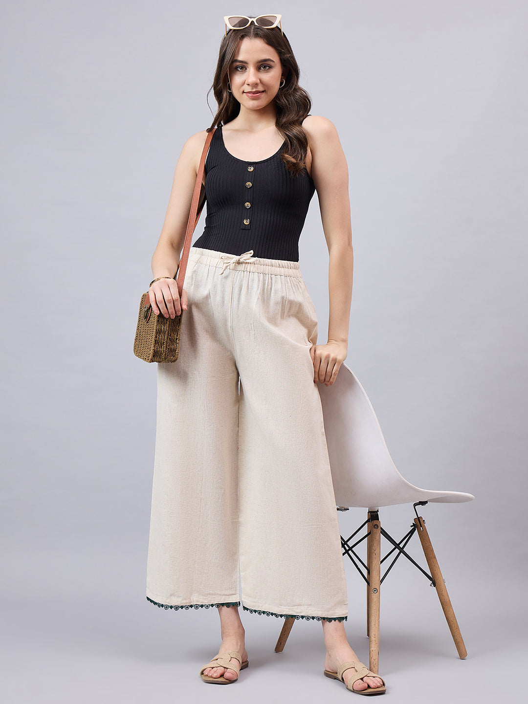 Cotton Palazzo With Dark Green Lace Detailing