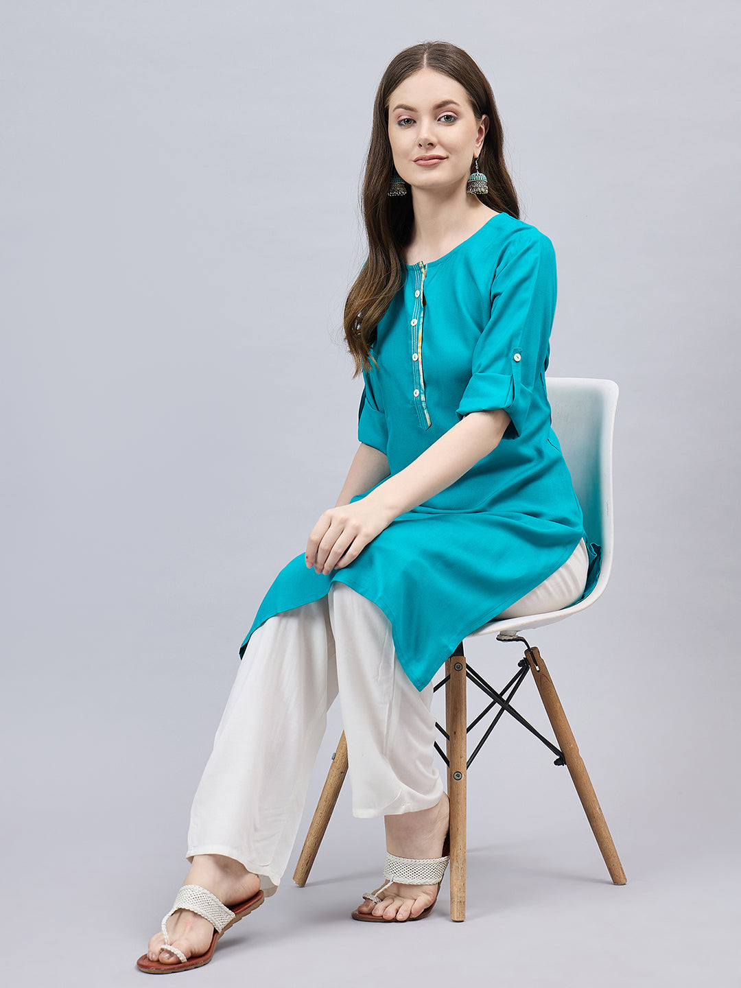 Turquoise Round Neck Straight Fit Rayon Kurti 2XL
