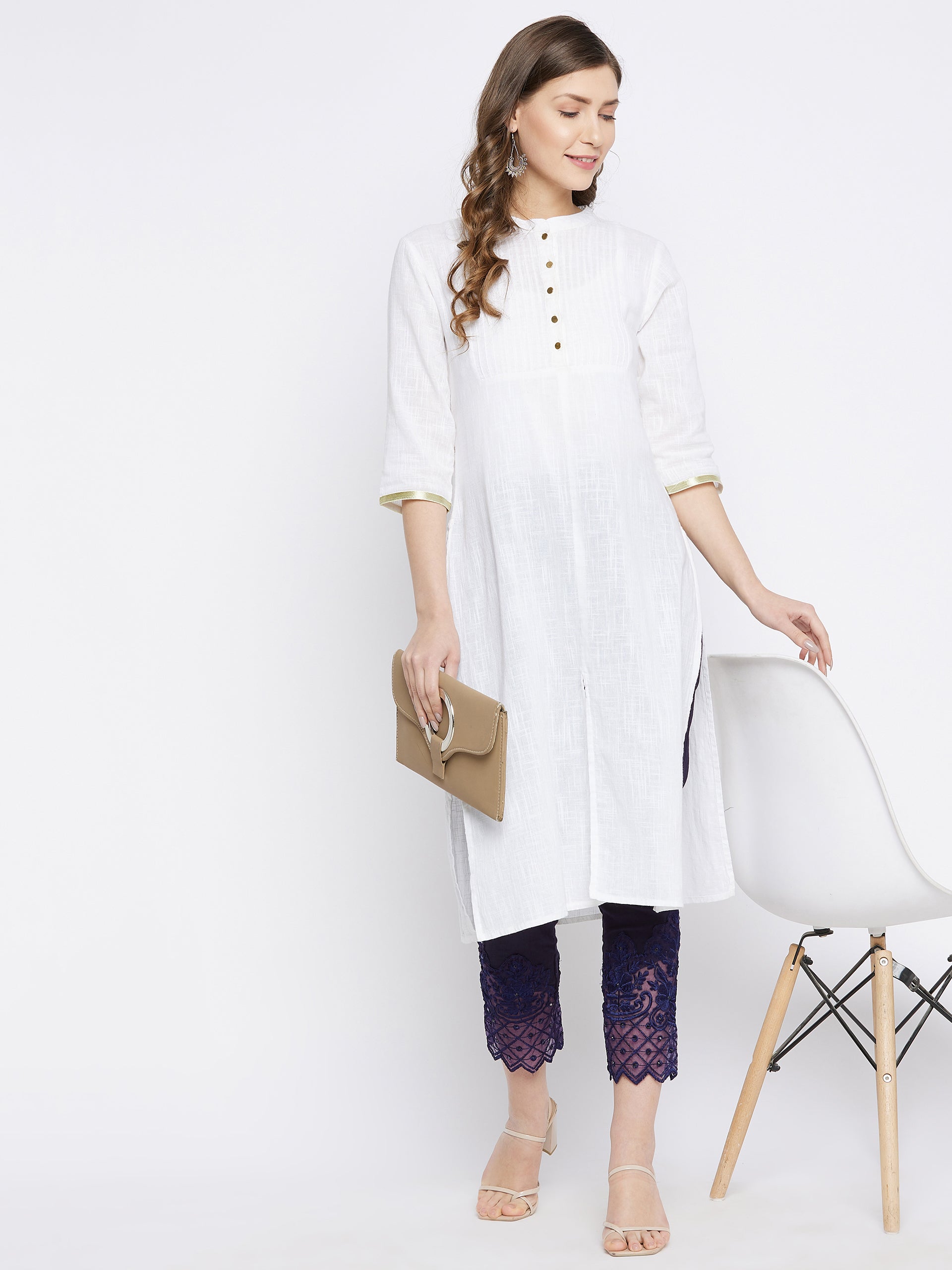 Navy Blue Embroidery Lace Cotton Lycra Pants