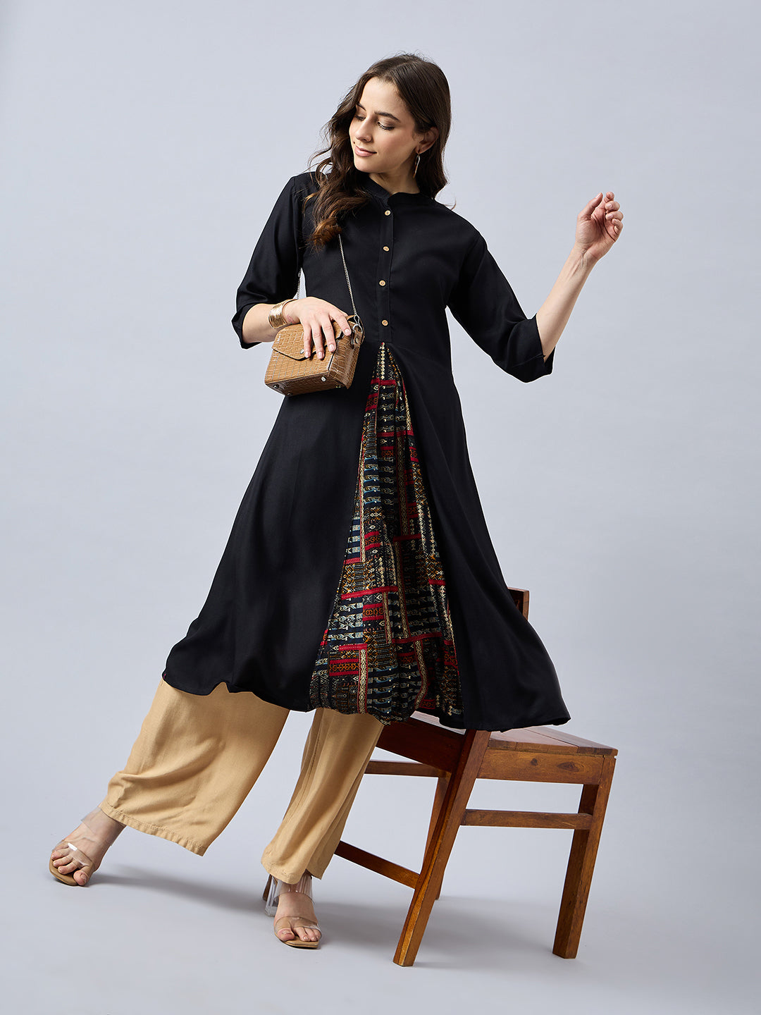 Women Mandarin Collar Anarkali Panelled Rayon Kurta