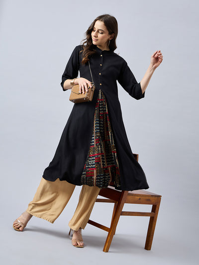 Women Mandarin Collar Anarkali Panelled Rayon Kurta