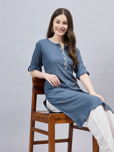 Dark Grey Round Neck Straight Fit Rayon Kurti 2XL