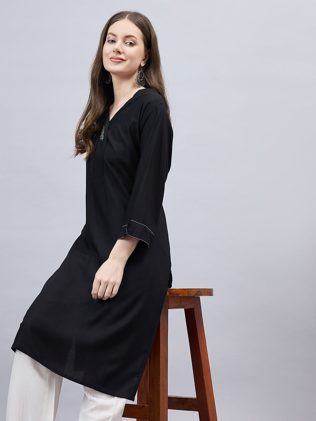 Black V-Neck Straight Fit Rayon Kurti
