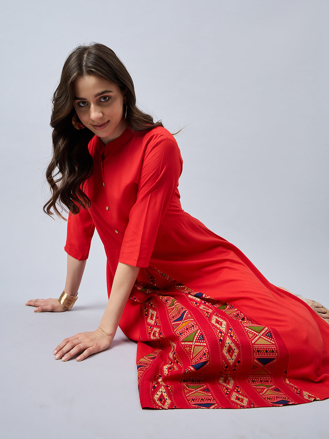 Women Mandarin Collar Anarkali Panelled Rayon Kurta