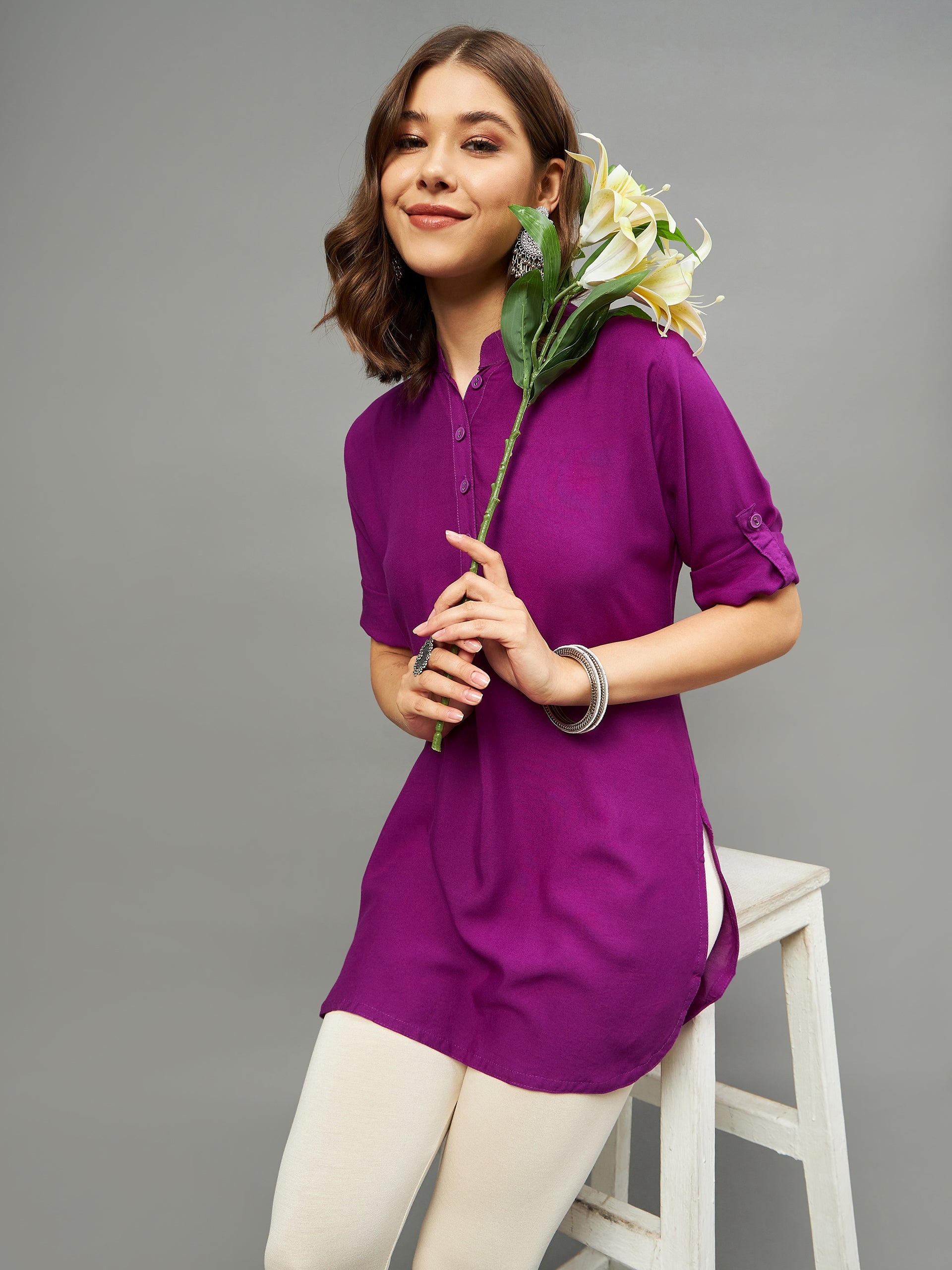 Purple Solid Coloured Short Kurti - 32" Length