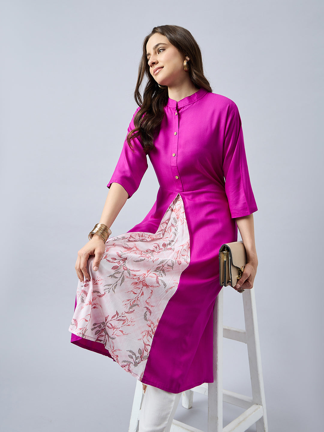 Women Mandarin Collar Anarkali Panelled Rayon Kurta