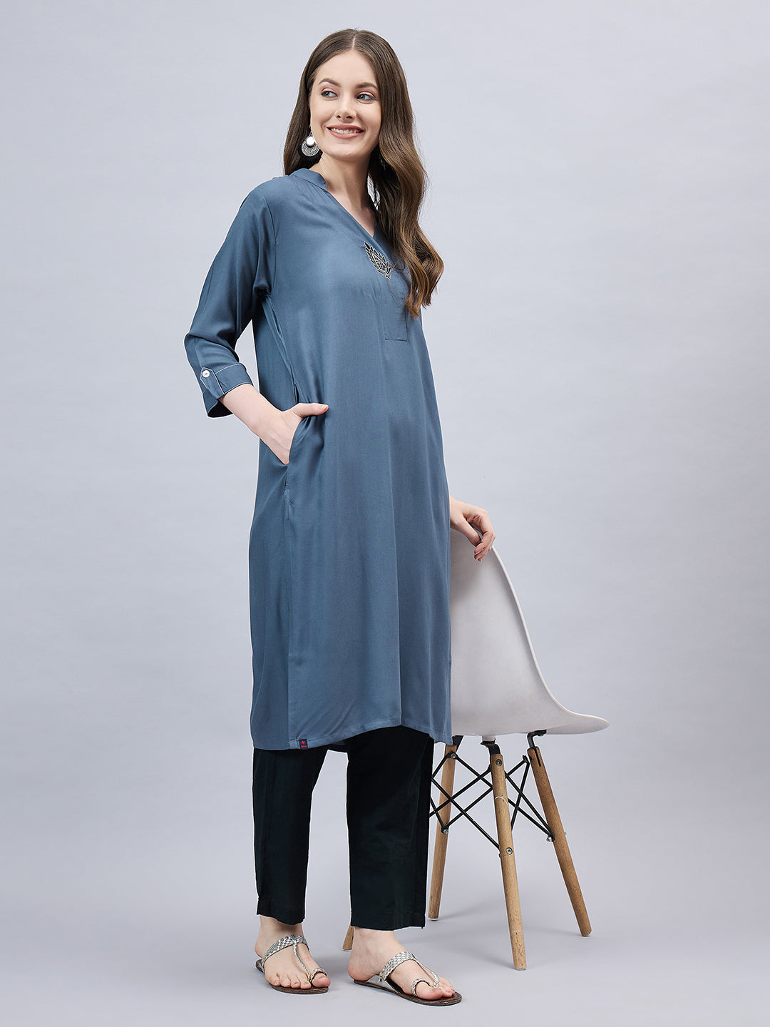 Dark Grey V-Neck Straight Fit Rayon Kurti