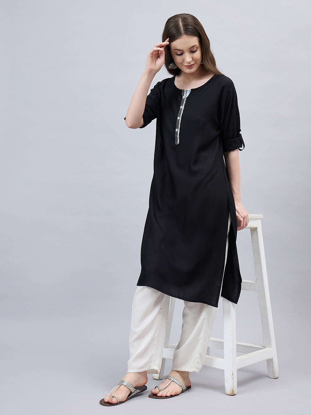 Black Round Neck Straight Fit Rayon Kurti L