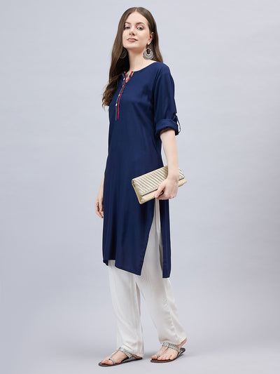 Navy Blue Round Neck Straight Fit Rayon Kurti