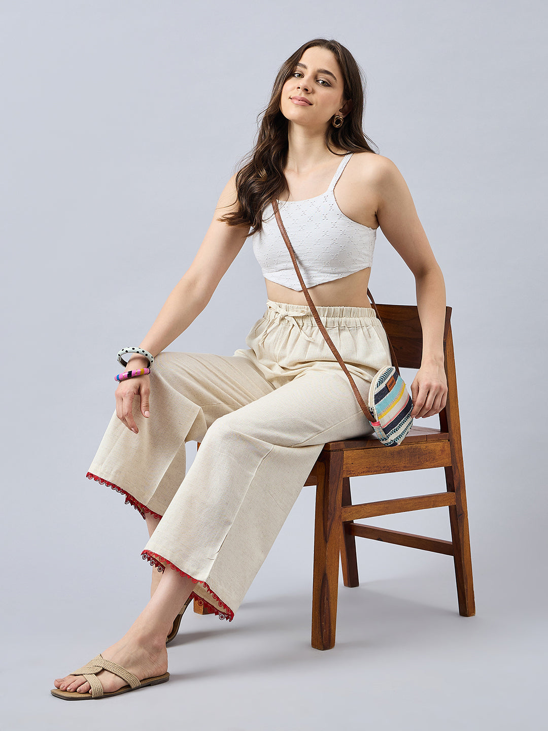 Cotton Palazzo With Red Lace Detailing