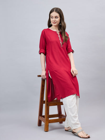 Red Round Neck Straight Fit Rayon Kurti L