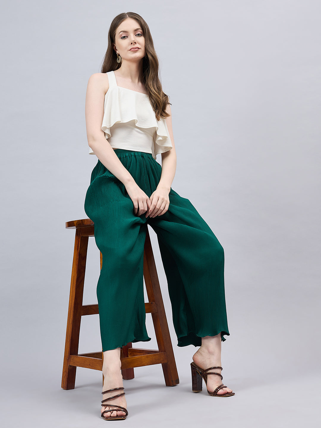 Bottle Green Pleated Chiffon Palazzo