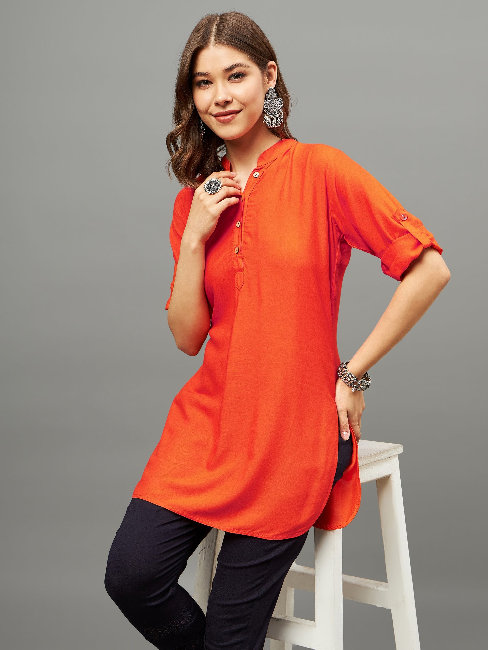 Bottle Green Solid Coloured Short Kurti - 32" Length
