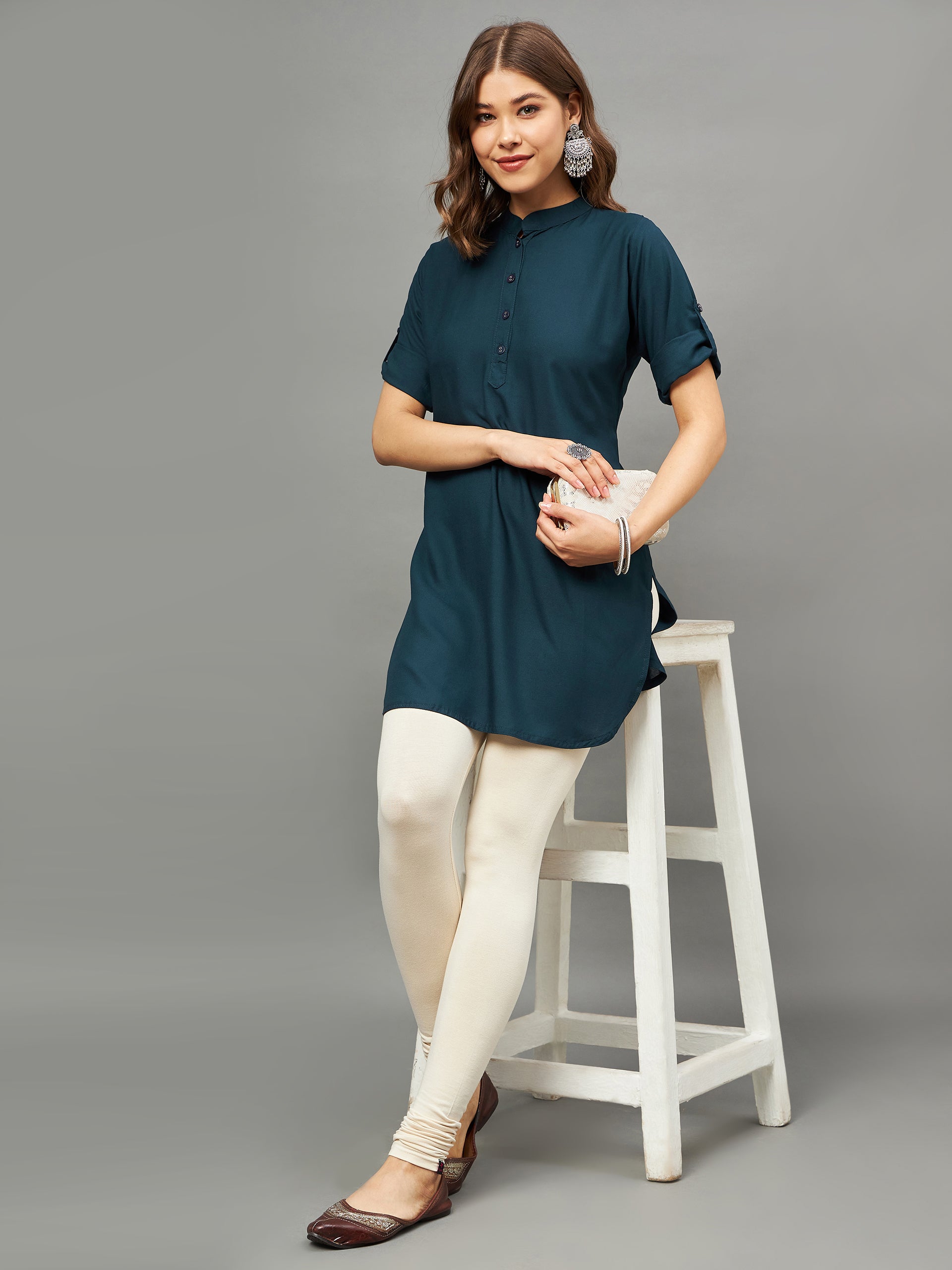 Bottle Green Solid Coloured Short Kurti - 32" Length