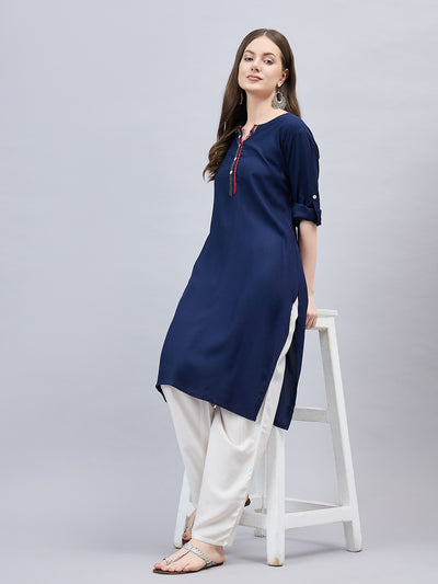 Navy Blue Round Neck Straight Fit Rayon Kurti M