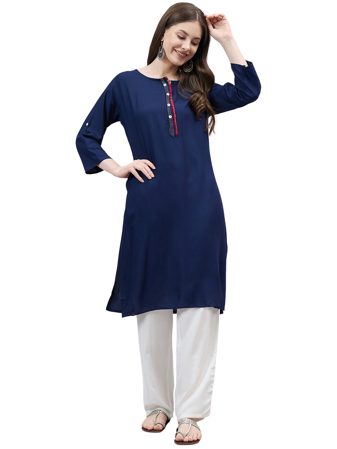 Navy Blue Round Neck Straight Fit Rayon Kurti
