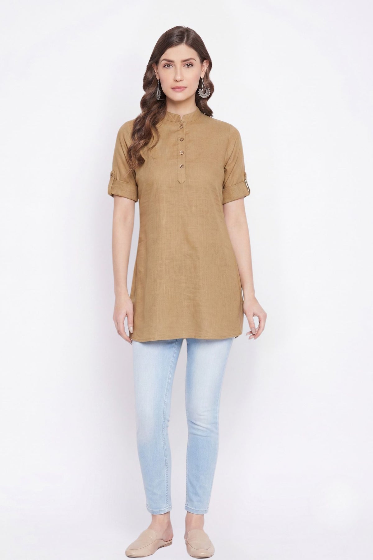 Beige Solid Coloured Short Kurti - 32" Length
