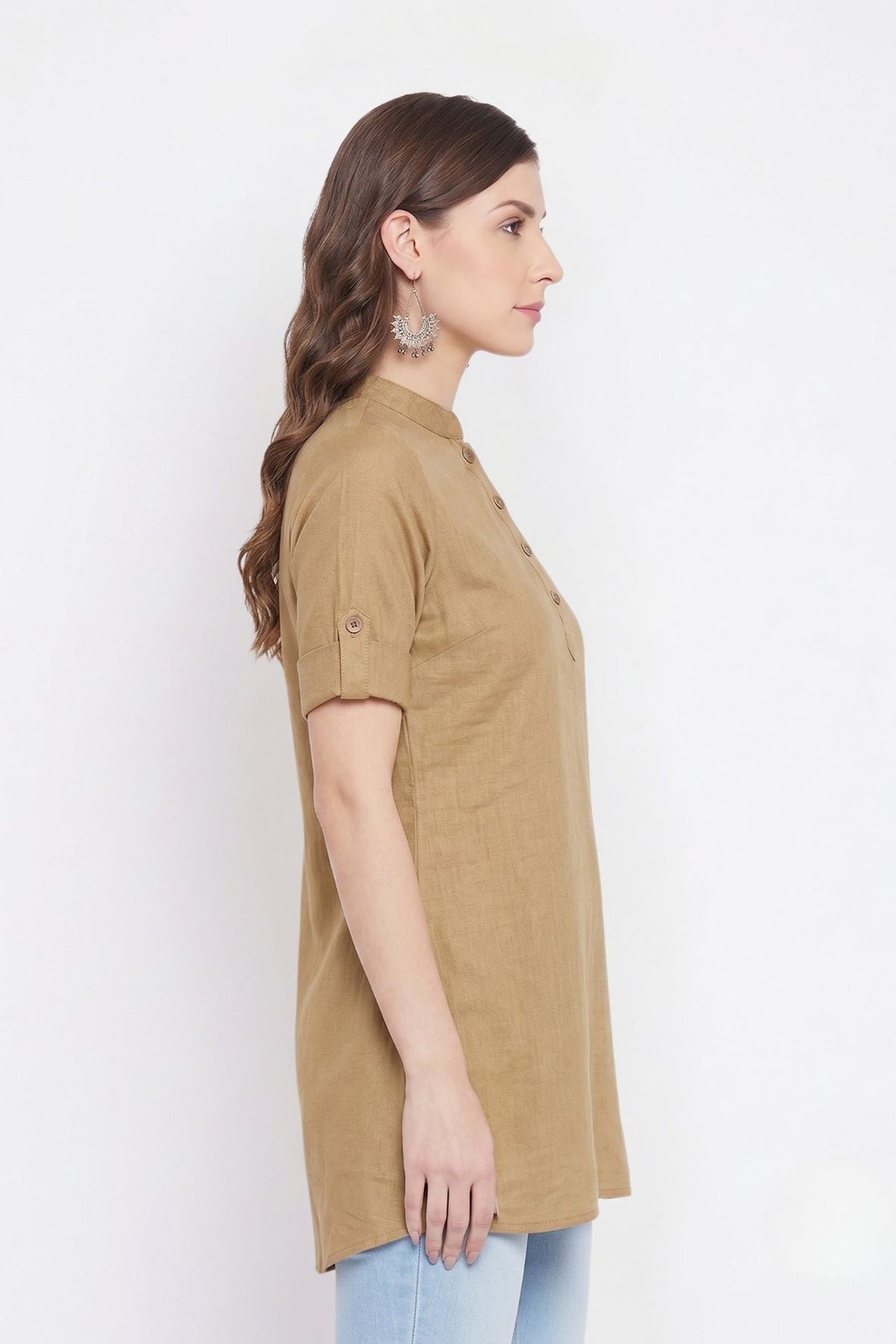Beige Solid Coloured Short Kurti - 32" Length